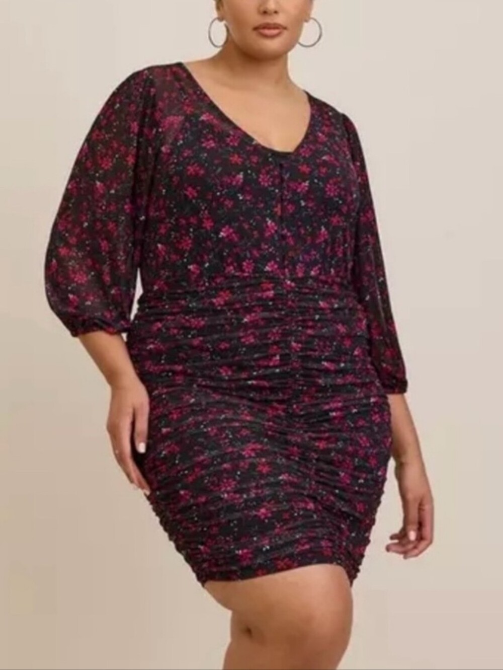 Torrid Black and Floral Ruched Bodycon Mini Dress